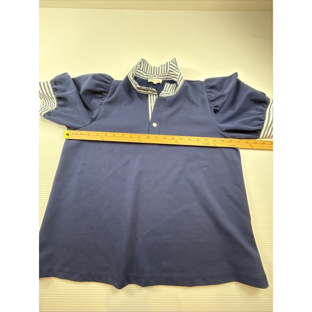 Entro Navy Puff Sleeve Top with Striped Contrast Cuffs & Ruffle Neck M - Picture 4 of 9